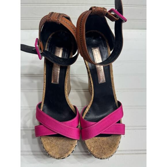 Rupert Sanderson Brown Pink Strappy Cork Wedges Size 38.5 8 - Picture 2 of 7